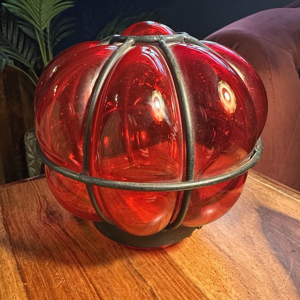 Vintage Red Mould Blown Glass Hanging Light Globe Iron Cage Decorative