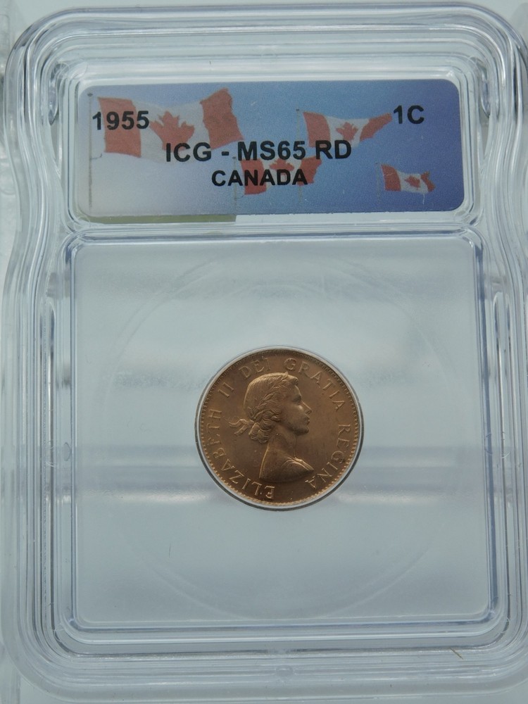 1955 GRADED RED CANADA SMALL CENT ~ ICG MS65 RD (BT1110)