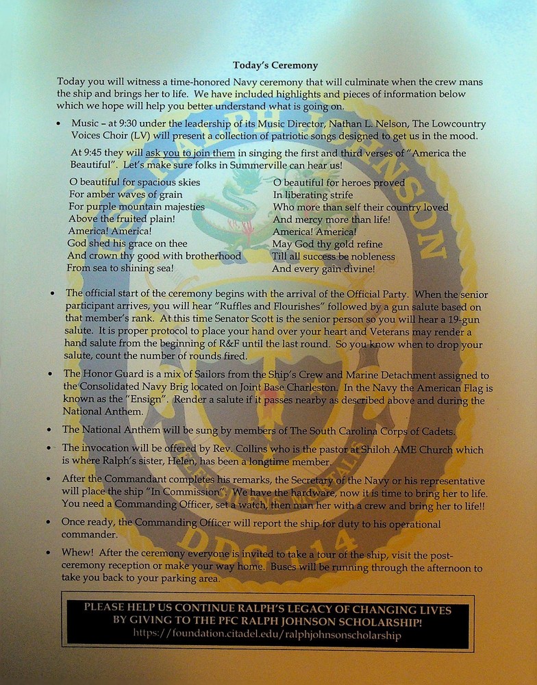 USS Ralph Johnson DDG 114 Commissioning Ceremony Program Packet March 24 2018