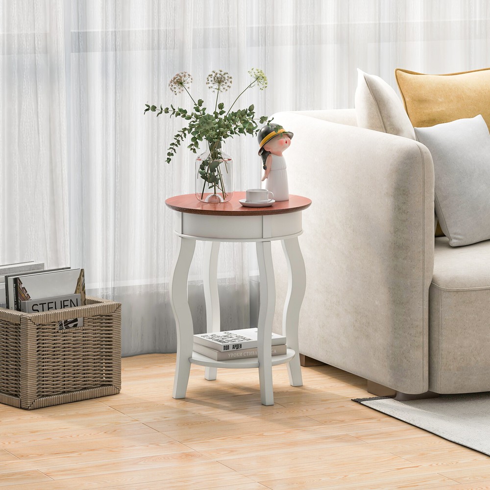 2-Tier Round End Table 17.5" Sofa Side Table with Storage Shelf White & Walnut