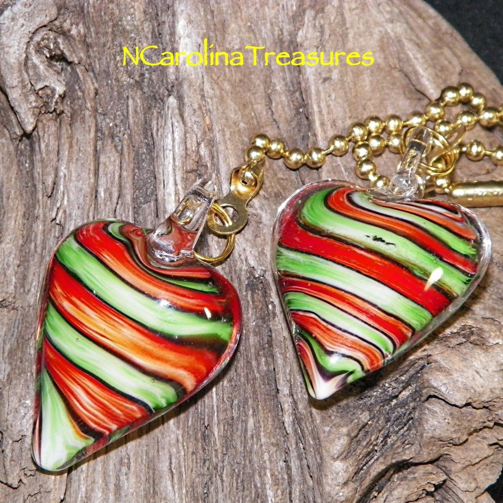 RED GREEN STRIPE HEART HEARTS GLASS CEILING FAN SWITCH PULL PULLS LG PAIR H399