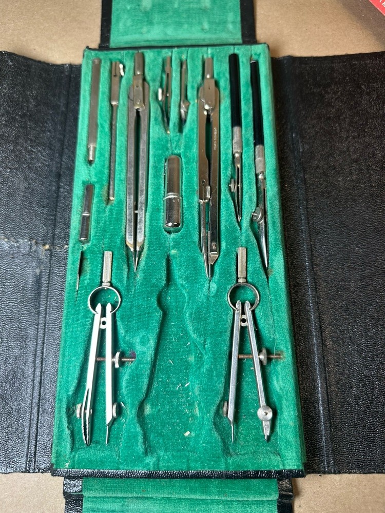Vintage TOWER Germany Drafting Compass Set w/ Case Engineer Tools Incomplete