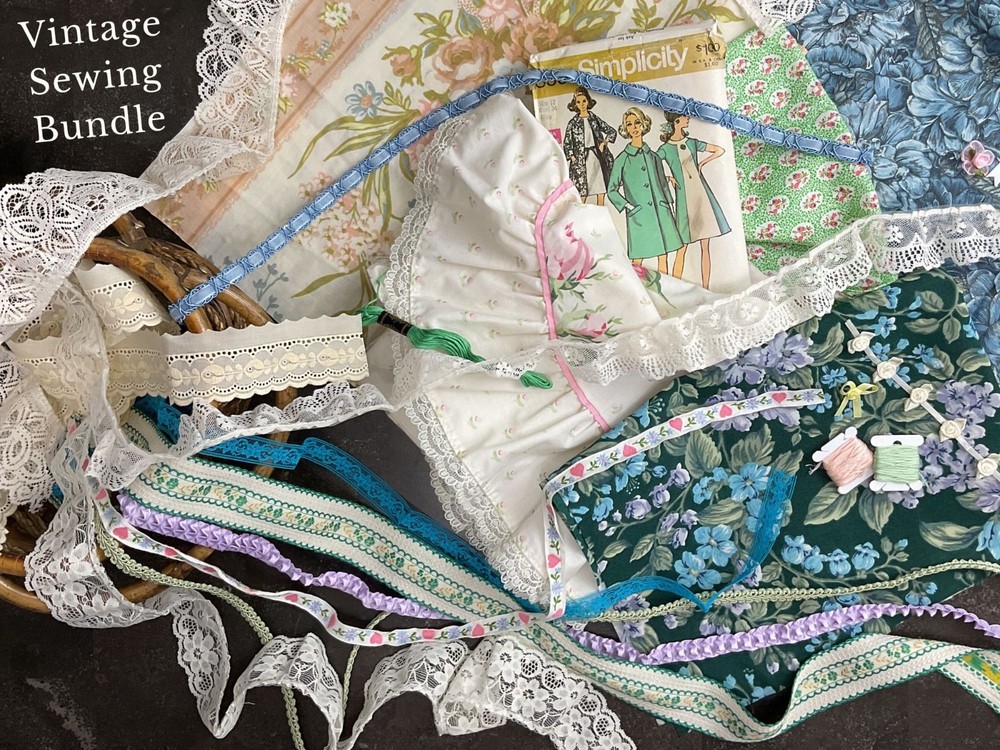 Vintage Sewing Basket Bundle – Fabric, Lace, Ribbon, Embroidery Thread & Pattern
