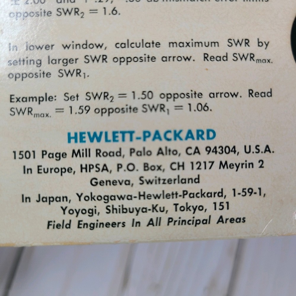 HP Reflectometer/Mismatch Error Limits Slide Rule Calculator 1976