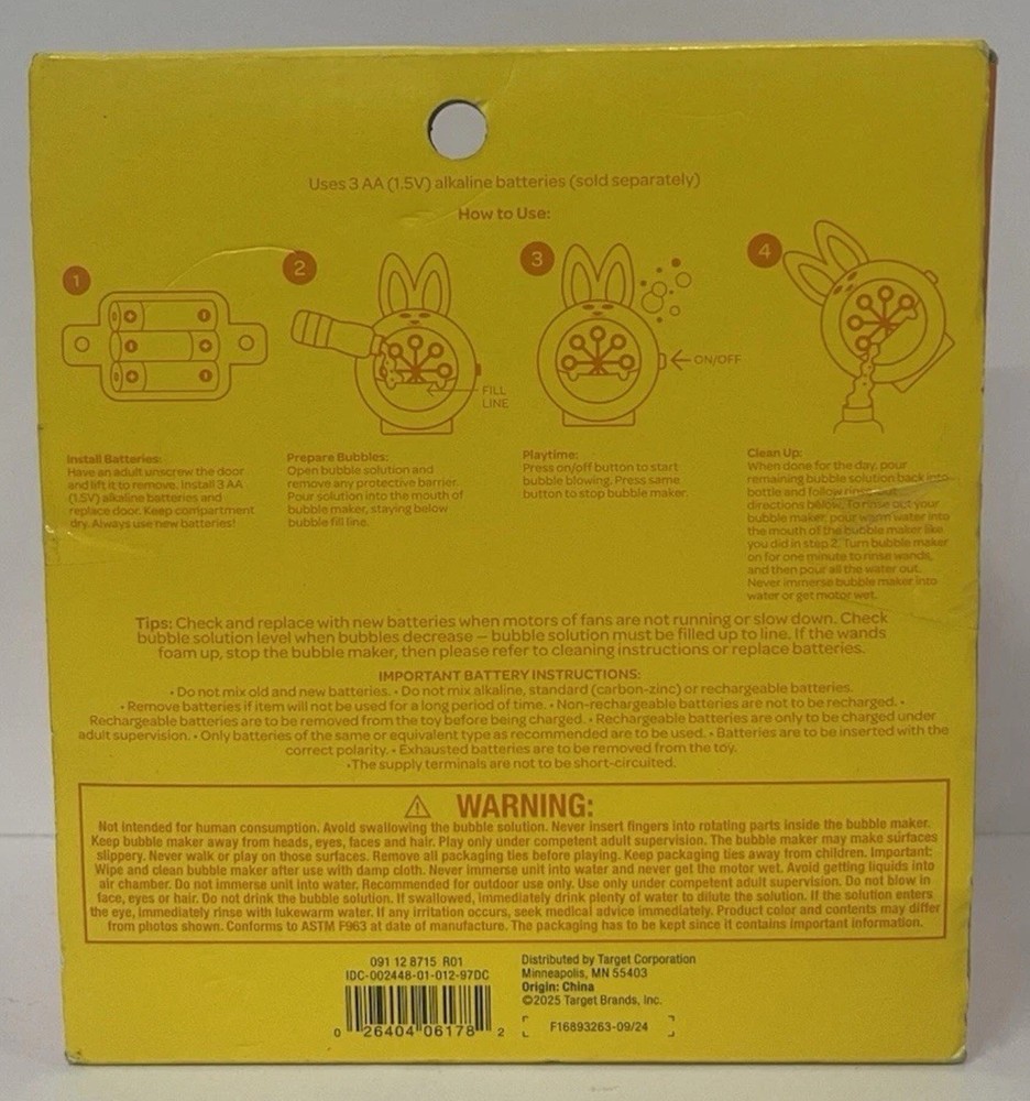 Sun Squad Bunny Bubble Maker Includes Bubbles Battery Operated New & Sealed
