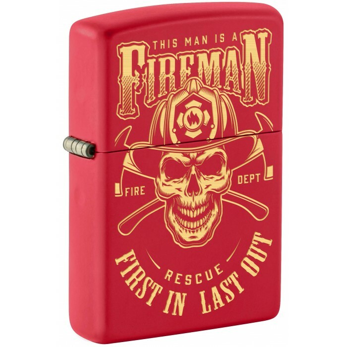 Zippo Lighter: Fireman Skull, Engraved - Red Matte