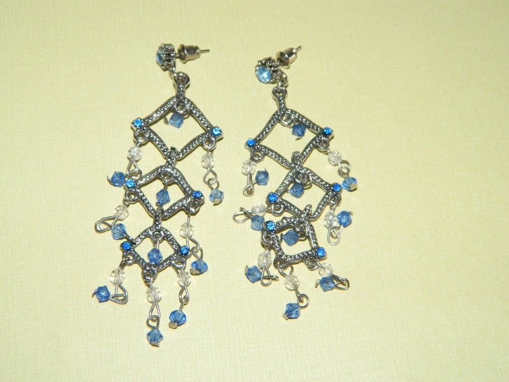 Long Dangly Silvertone & Blue Bead & Rhinestone Pierced Earrings