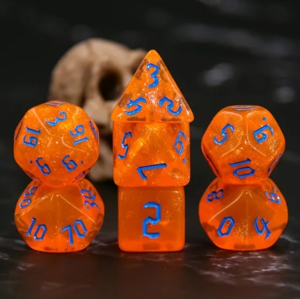 TEG - 7 Orange w/ Blue Glitter Polyhedral Dice New Polyhedral Dice Sets