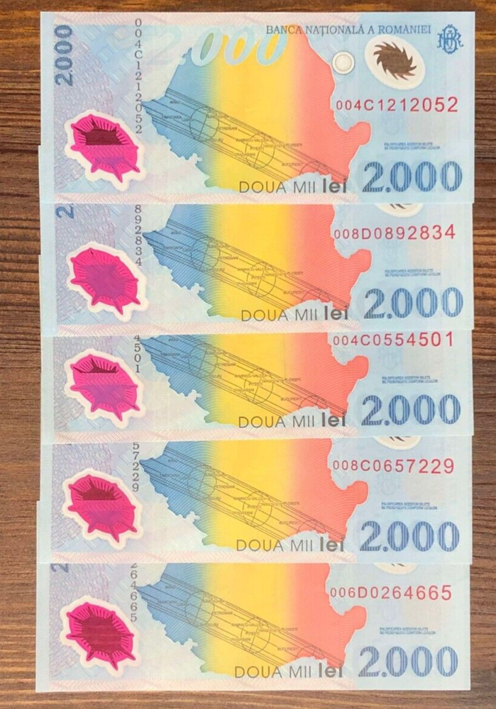 Romania 2000 Lei, 1999, UNC, Polymer X 5 PCS