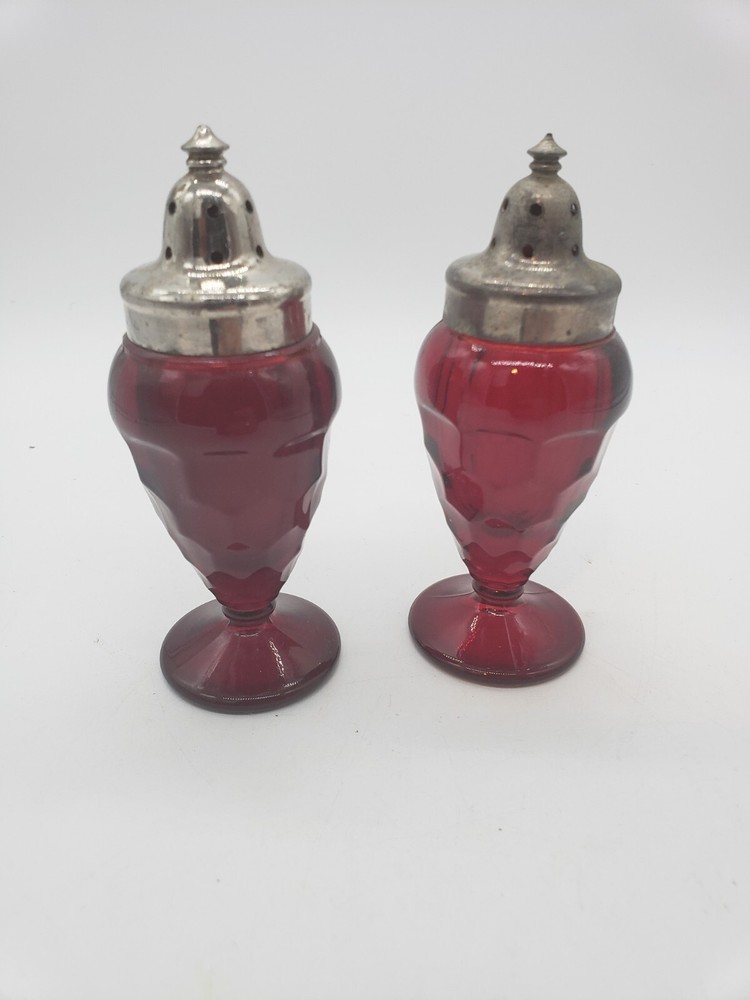 Fenton Georgian Hex Honeycomb Ruby Red Shakers Salt Pepper