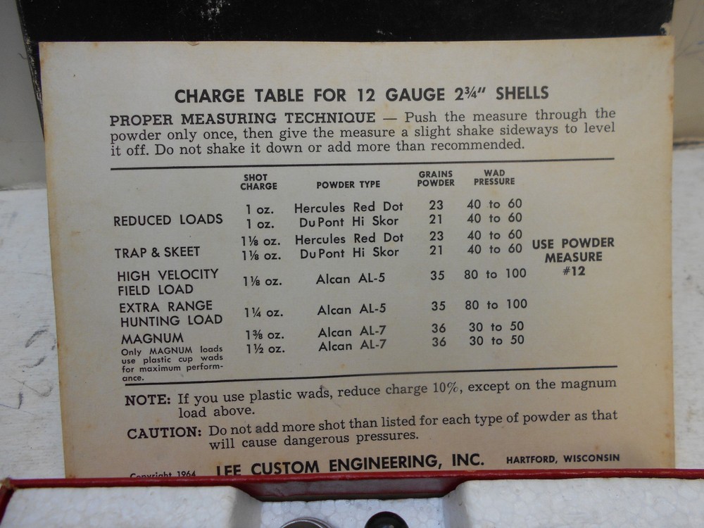 lee loader 12ga 2-3/4" shot shells ins + charge table reloading