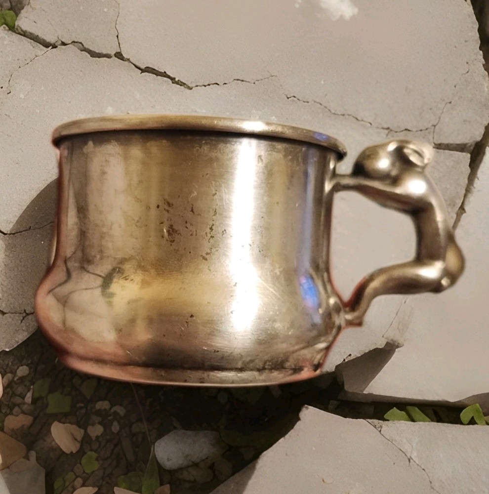 SILVER ON COPPER CHILDS DRINKING CUP W/3 D RABBIT HANDLE MARKS NAME ROXANN