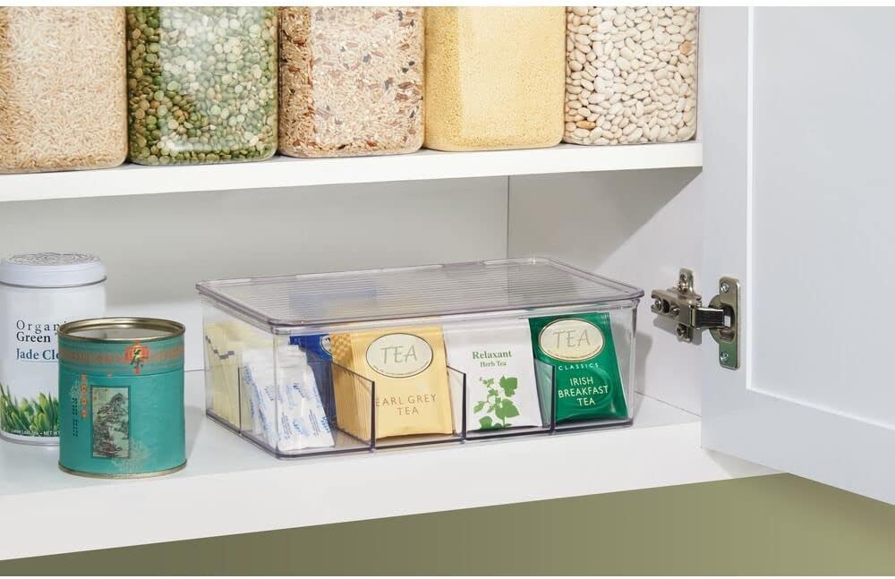 Single Serve Tea Bag Storage Box W/ Divided Compartments & Clear Lid