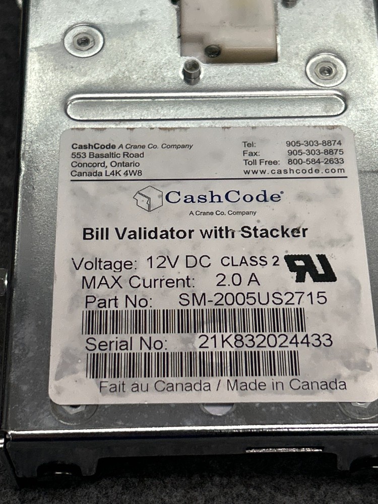 CASHCODE BILL VALIDATOR W/STACKER SM-2005US2715 12V DC 20A
