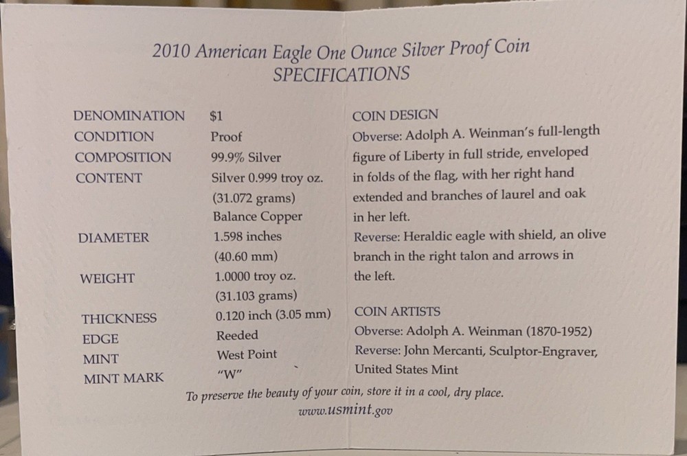 2010 “W” $1 PROOF American Silver Eagle Box & COA | No Coin