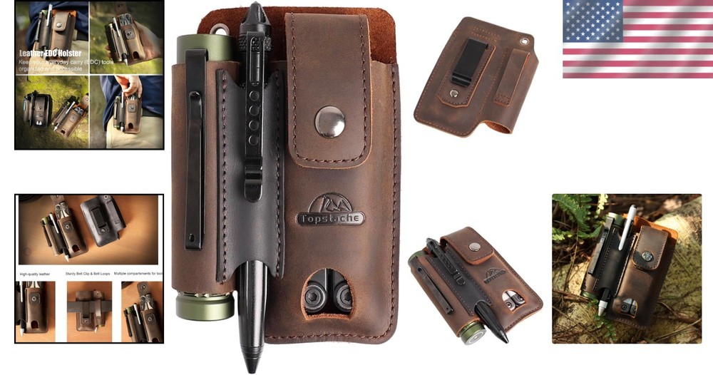Leather multitool sheath with belt clip and compartments for EDC tools