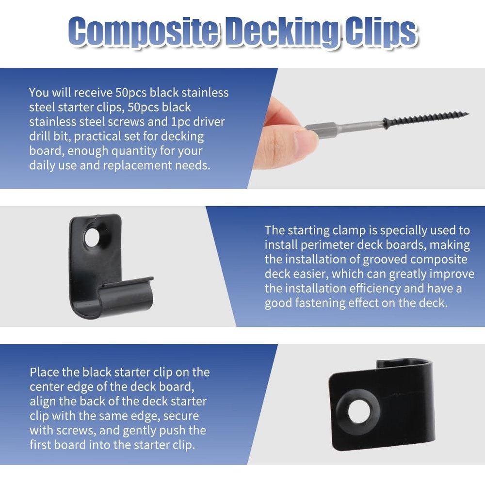 Hidden Deck Fasteners for Composite Decking | 100-Piece Set (50 Clips, Black