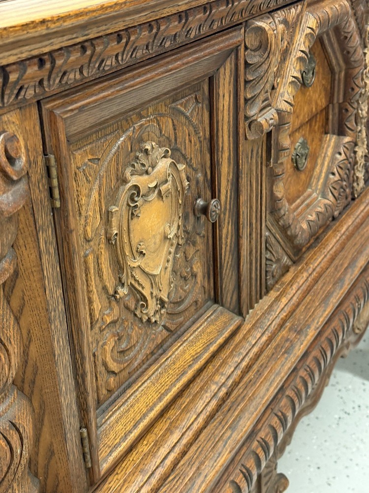 Antique hand carved oak buffet sideboard 74.5 inches long - solid & beaufiful