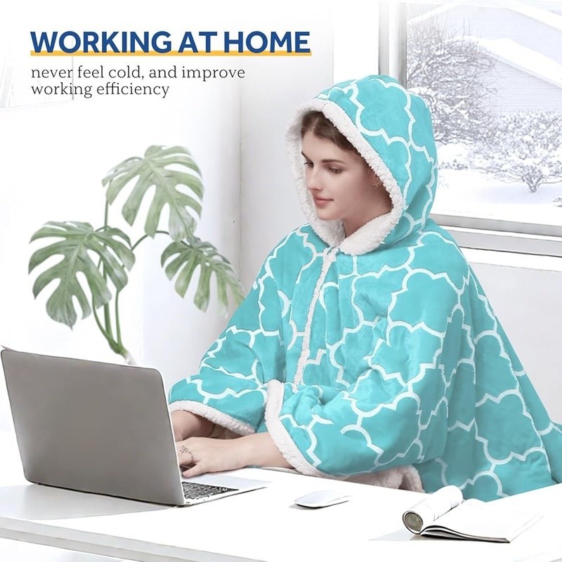 Wearable Heated Blanket W/ Sherpa Lining Adjustable Temperature & Pockets Blue