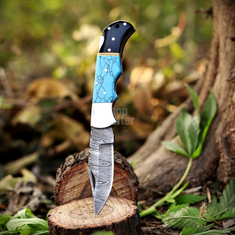 Handmade Damascus Folding Knife, Turquoise Stone Handle Leather Sheath Sharpner.