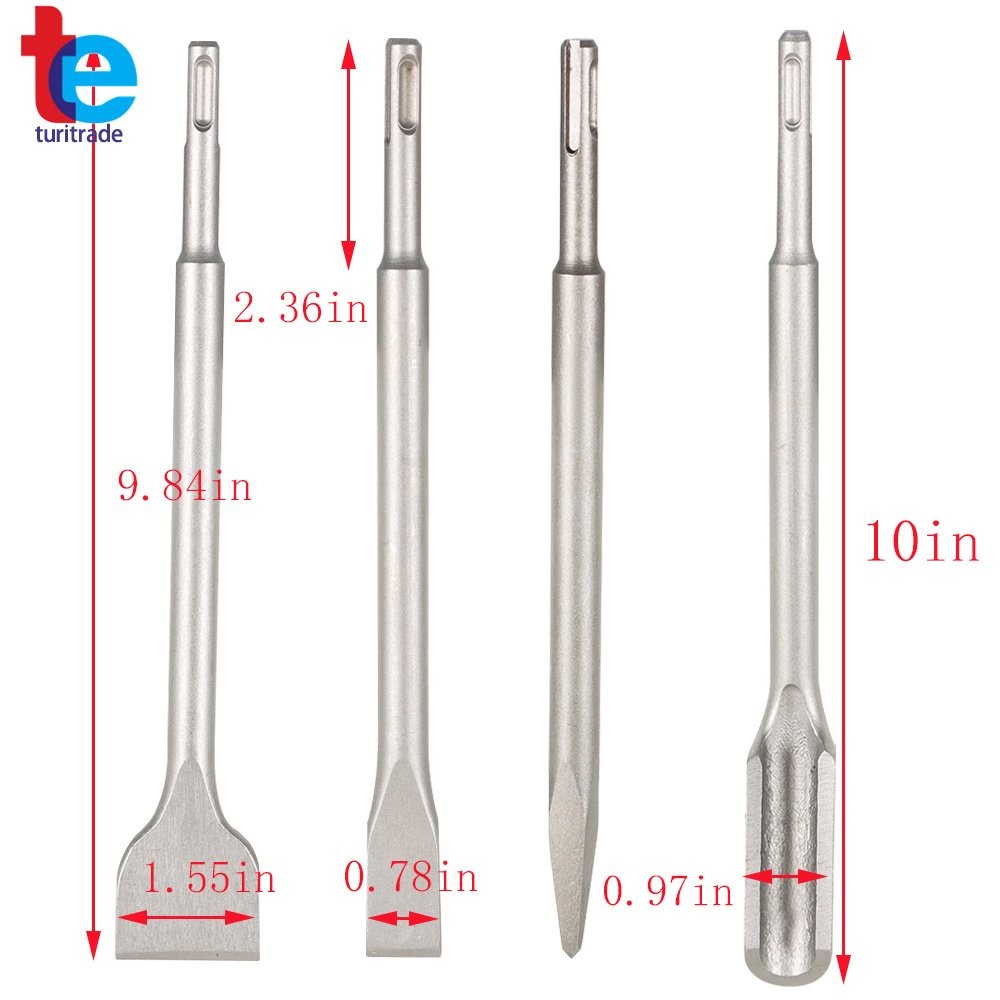4 Pcs SDS Plus Chisel Bits High Quality Flat Chisel Grooving Chisel Point Chisel