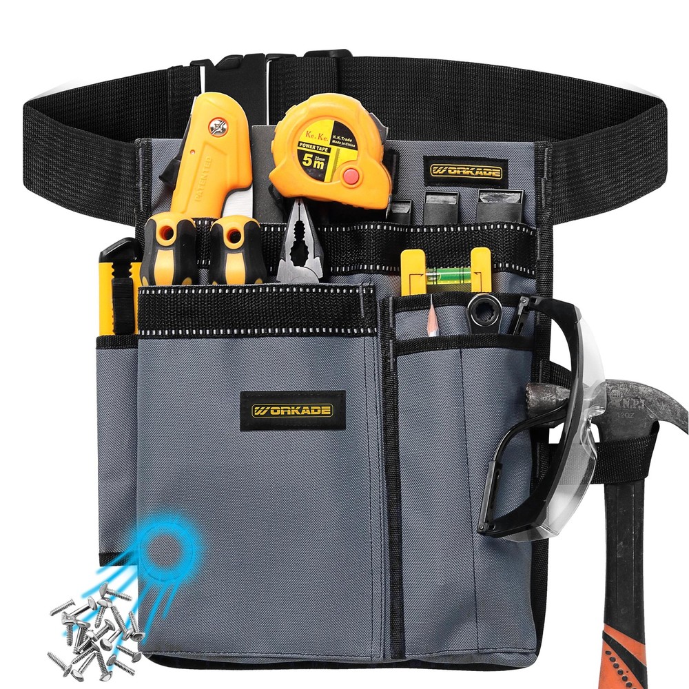 WORKADE Magnetic 8-Pockets Single Side Tool Belt for Men & Adjustable, Grey