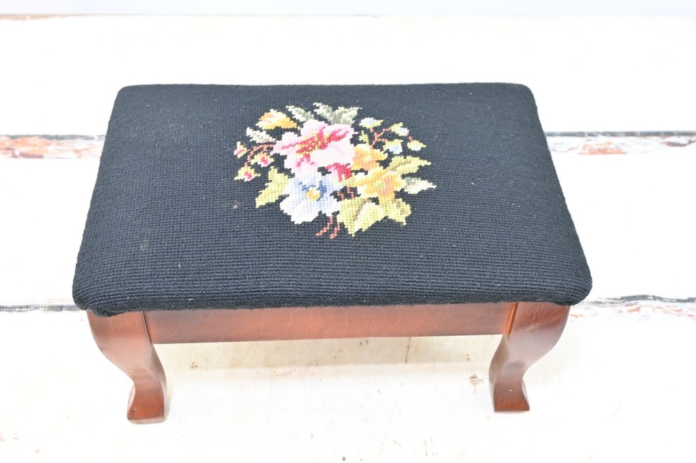 Vintage Floral Needlepoint Footstool Wool Rectangular Victorian Flowers 14.5x9.5