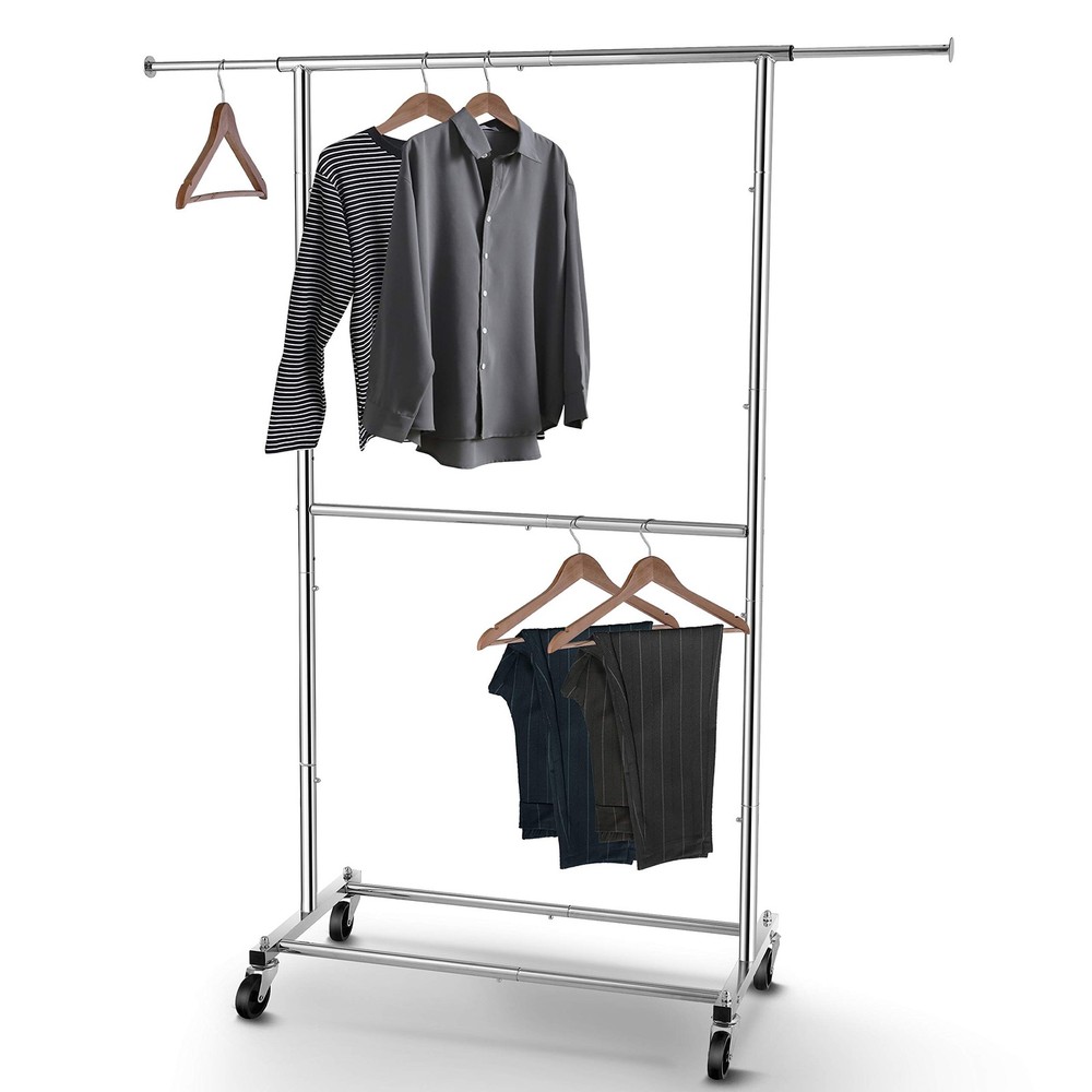 Double Rod Clothes Rack Rolling Garment Organizer Chrome