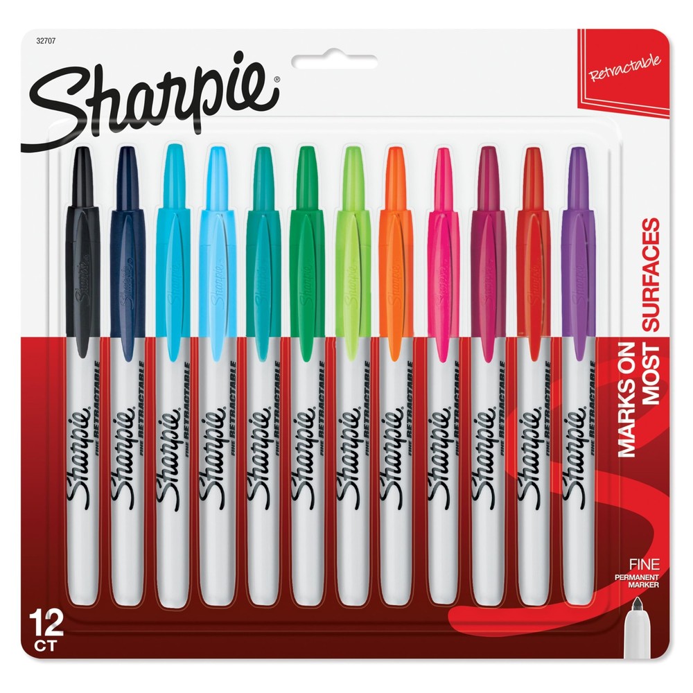 Fine Tip Permanent Markers, Assorted Colors, 12 Pack - Retractable Design