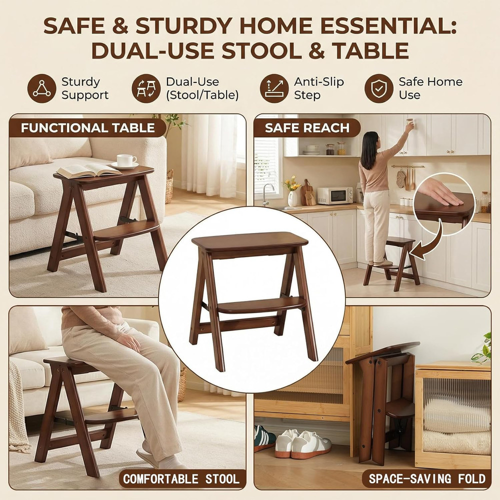 2 Step Stool Foldable- Bamboo Step Ladder, Small Folding Step Stool Cute