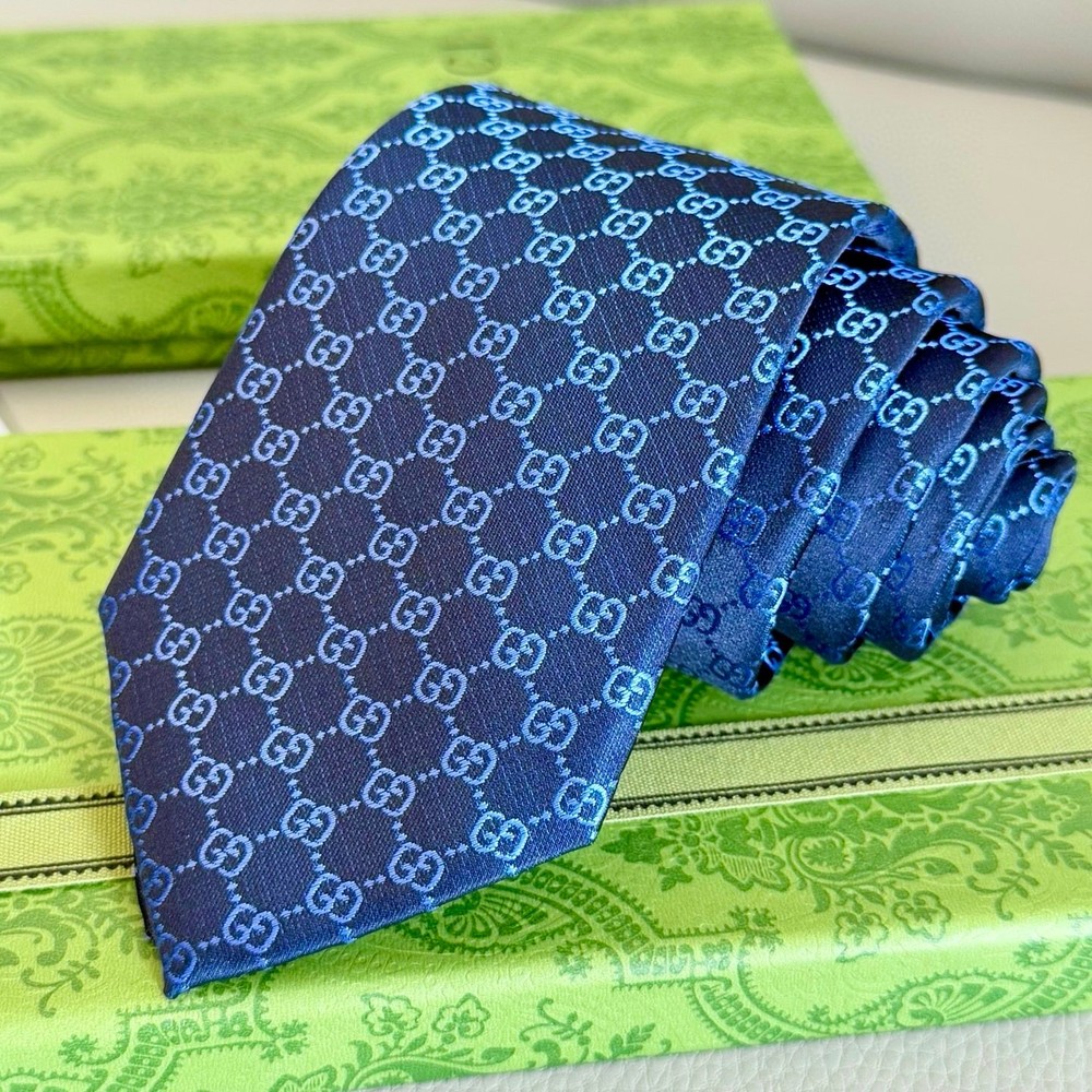 Blue Gucci GG Pattern 100% Silk Tie With Box