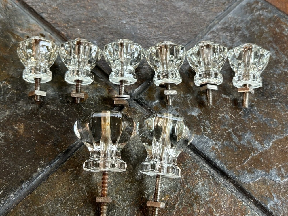 8 Vintage Antique Crystal Glass Hexagon Pulls Knobs for Cabinets/Drawers