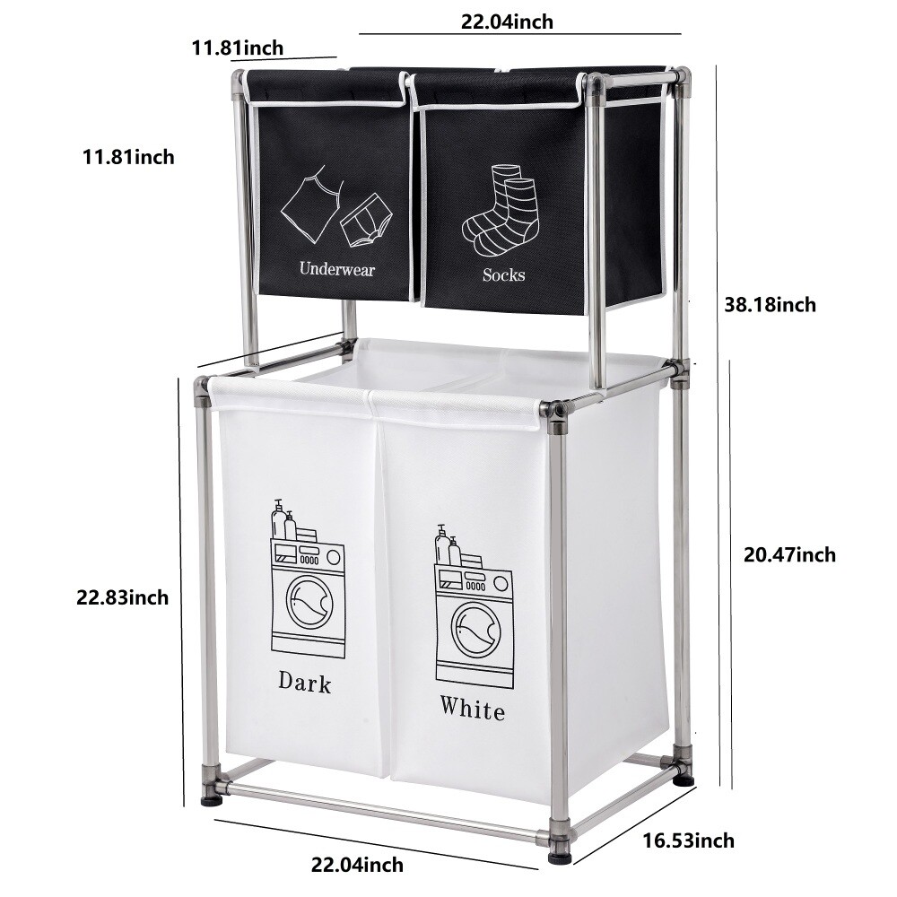 2 Tier Laundry Sorting Basket with 4 Removable Pouches for Organizer