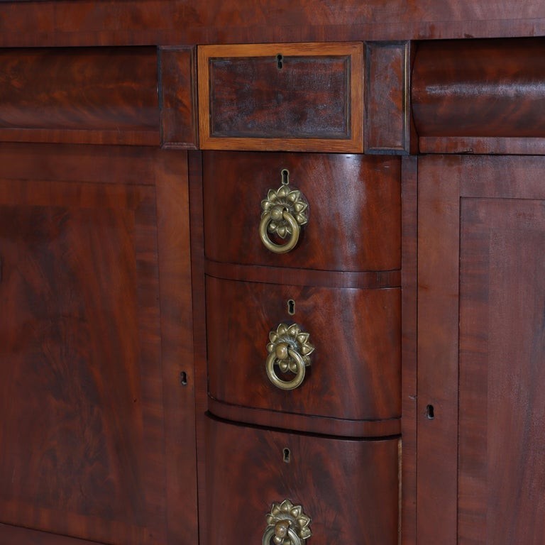 Antique American Empire Classical Flame Mahogany Sideboard, Bronze Pulls, c1840