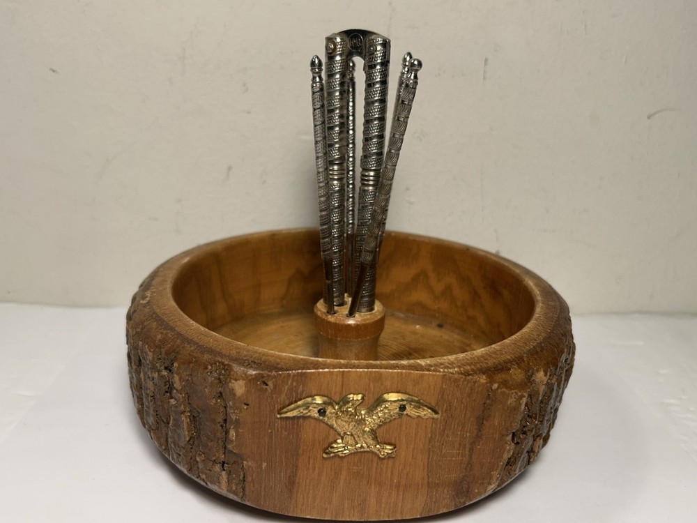 Vintage Nut Bowl With Live Edge Includes Nut Cracker & 2 Picks Eagle Accent
