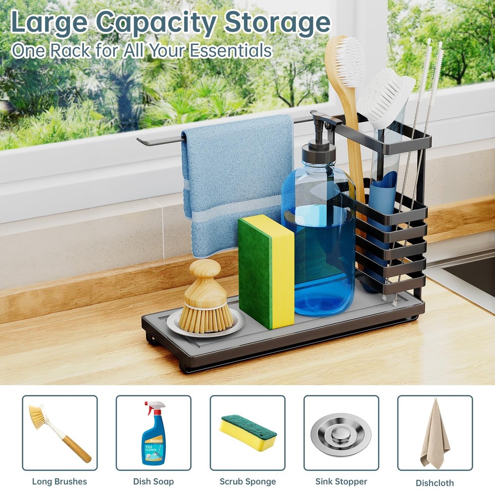 NiHome Multifunctional Kitchen Sink Caddy Organizer with Elevated Brush Holder,
