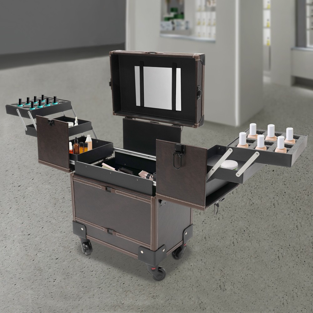 Rectangular Rolling Makeup Train Case Trolley Cosmetic Organizer Box with Mirror