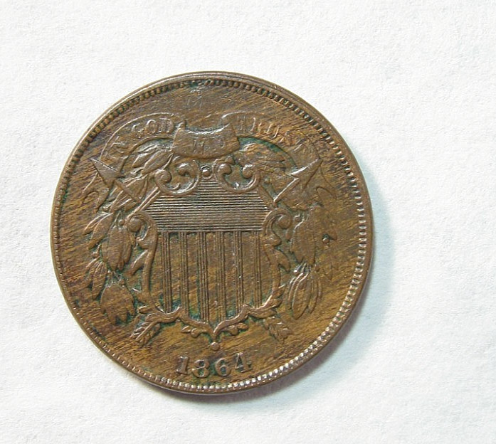 1864 TWO CENT PIECE -  2c -  AU