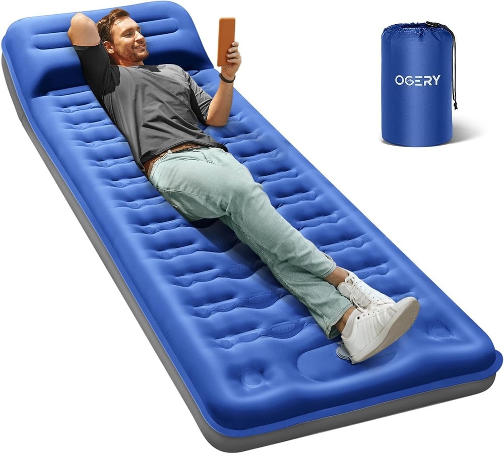 6" Extra-Thick Self-Inflating Camping Sleeping Pad with Pillows & Pump - Blue
