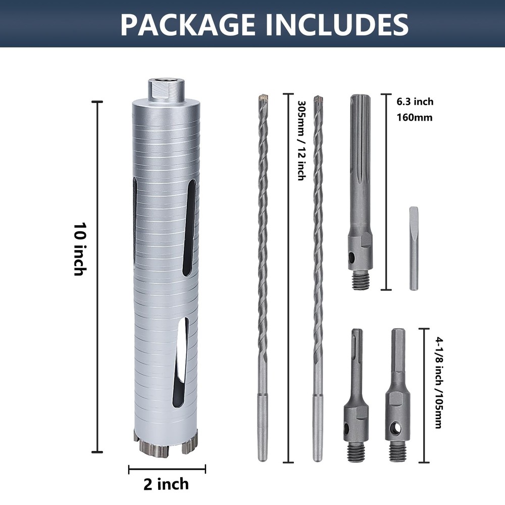 2 inch Diamond Dry Core Drill Bit, 10" Drilling Depth, 5/8"-11 Thread Core Drill
