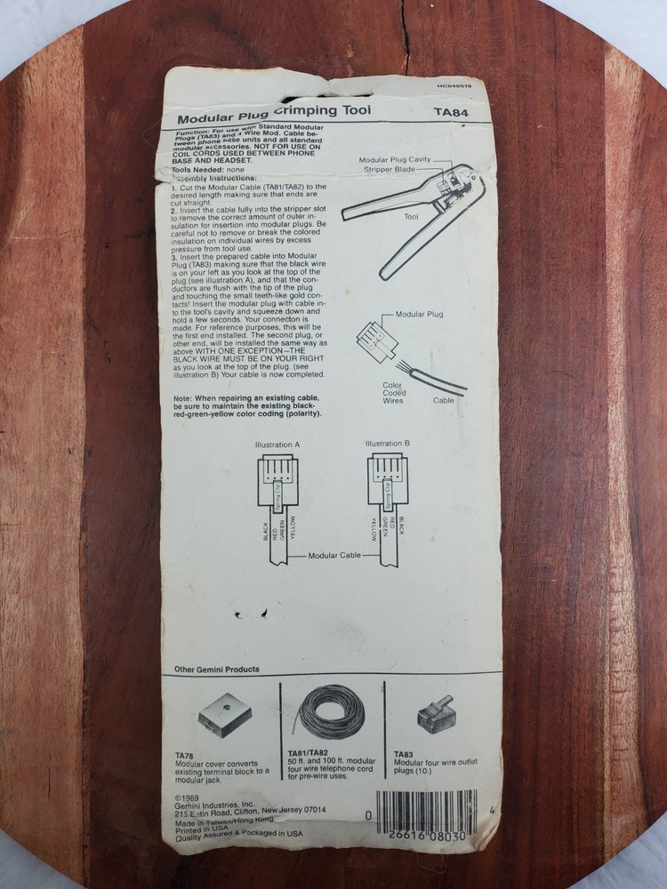 Gemini TA84 Modular Plug Crimping Tool 4-Wire NEW NOS