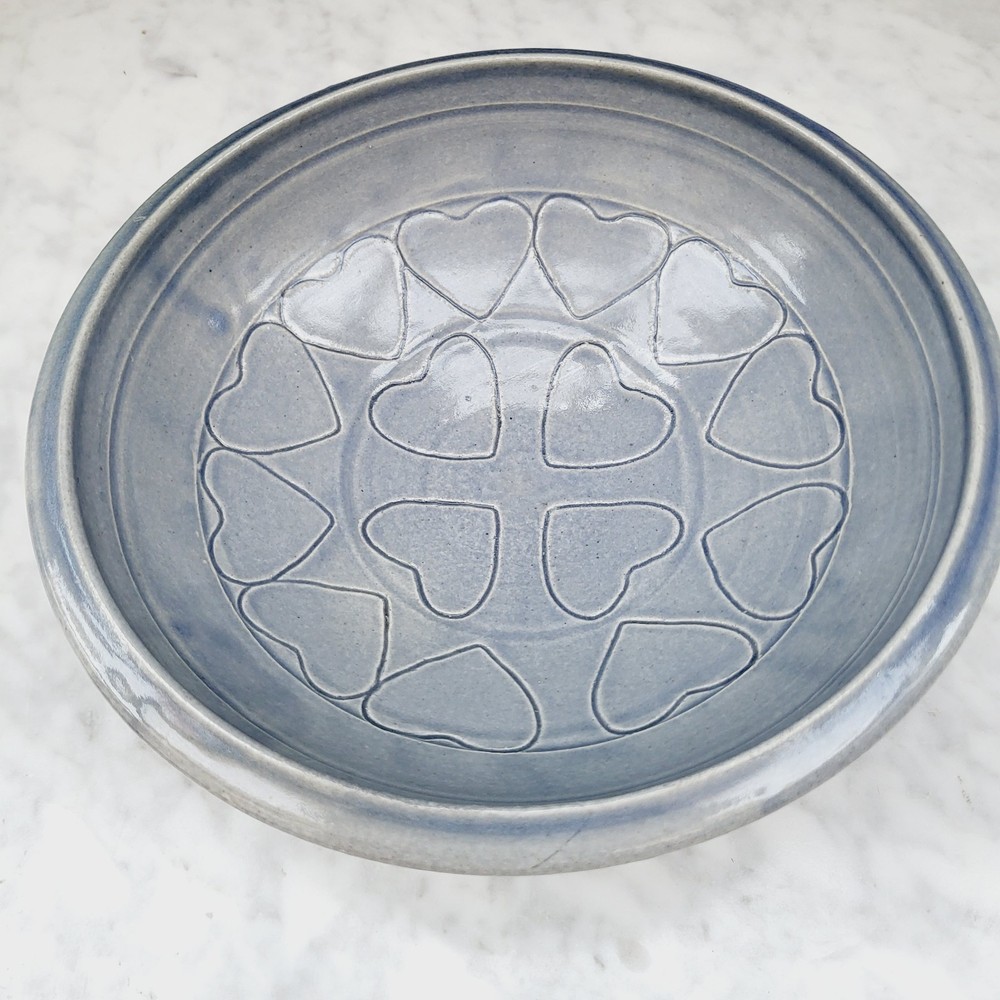 Studio Pottery Handmade Bowl Signed Heart Pattern Blue 8"