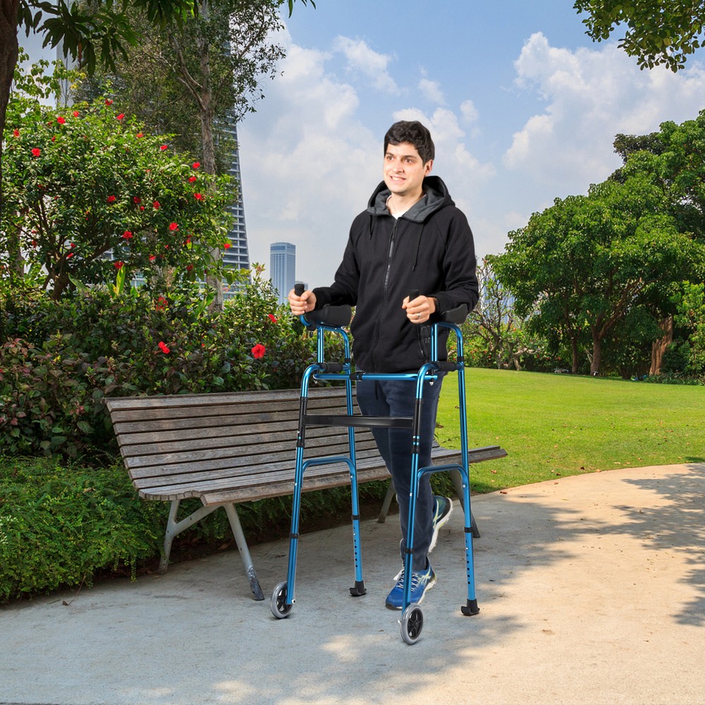 Folding Walker Adjustable Walking Frame Aluminum Walking Aid w/ Wheels Blue