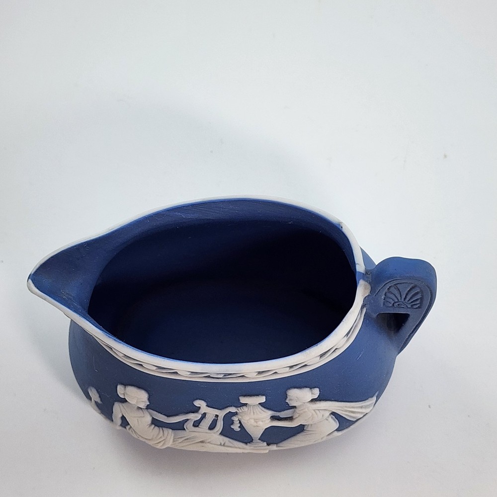 Vintage Jasperware Japan Pitcher Creamer Blue & White Applied Design Bisque EUC