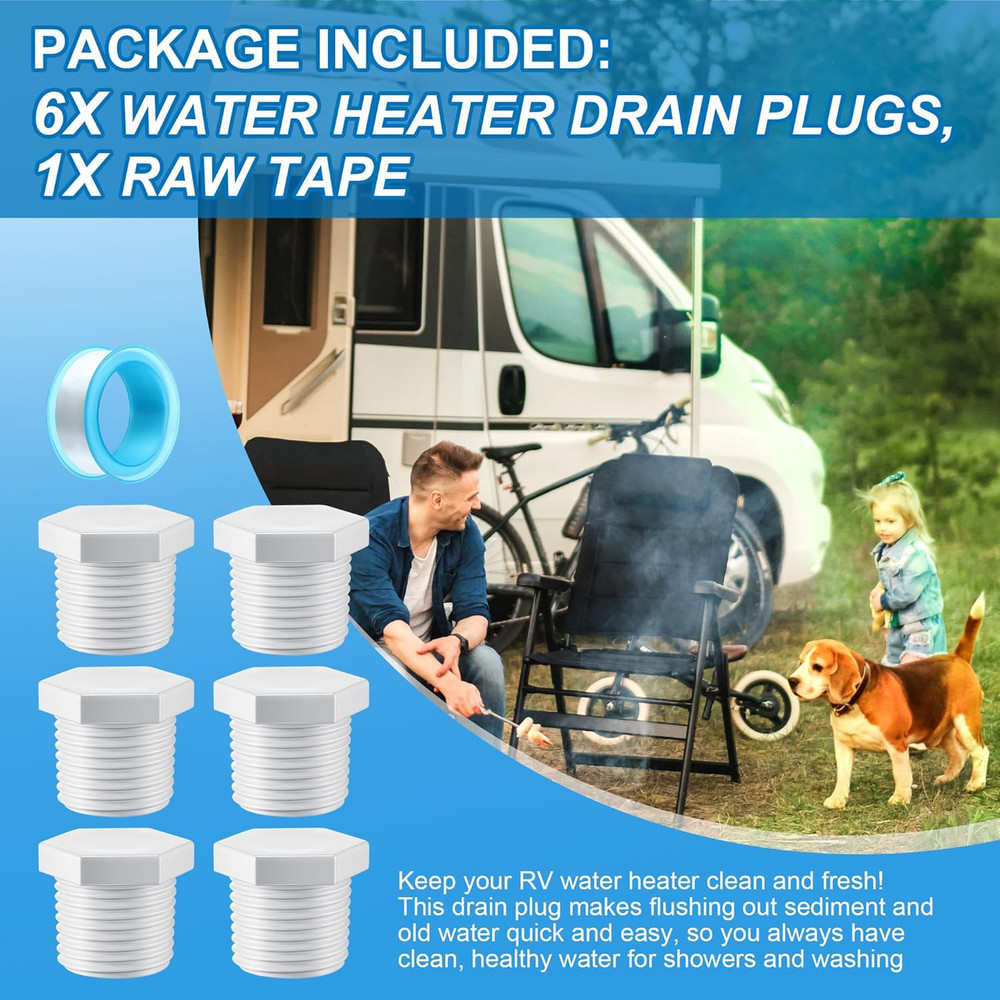 6 Pieces RV Hot Water Heater Drain Plug with Tape, 1/2 Inch NPT Drain Plug White