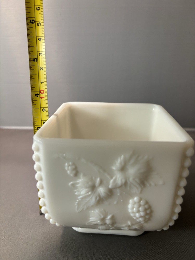 A Milk Glass Planter Embossed Grape And Leaf Pattern Square Shape Vintage