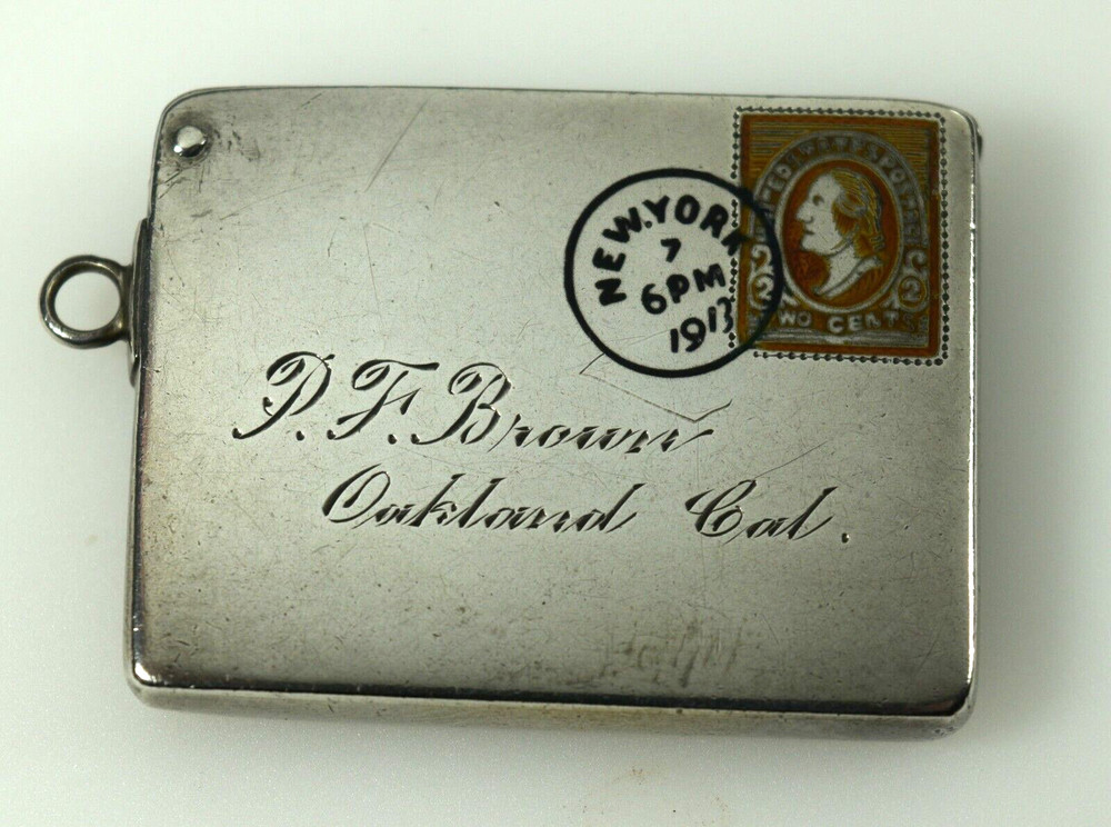 Antique Stamp Box Envelope Sterling Silver Miniature 1913