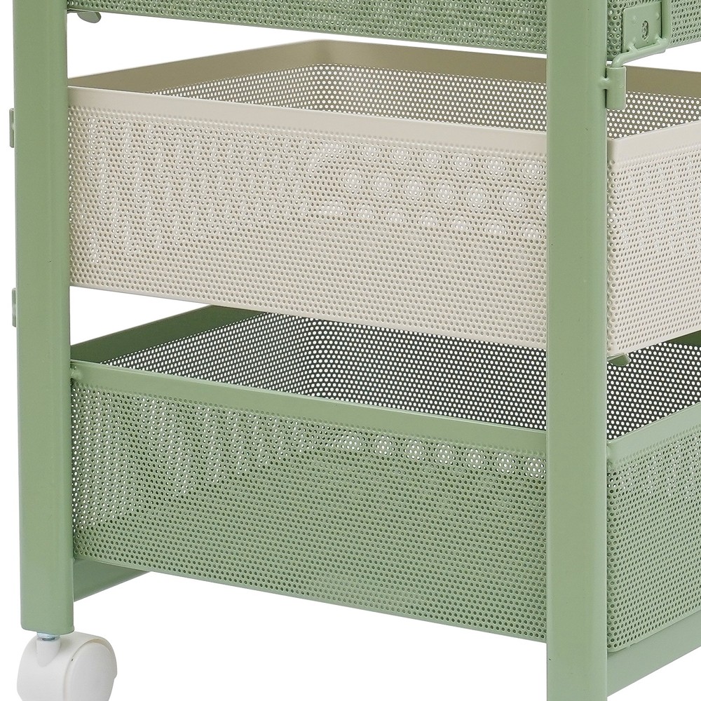 Rotating Storage Rack with Wheels, 4 Baskets, Green Modern Design