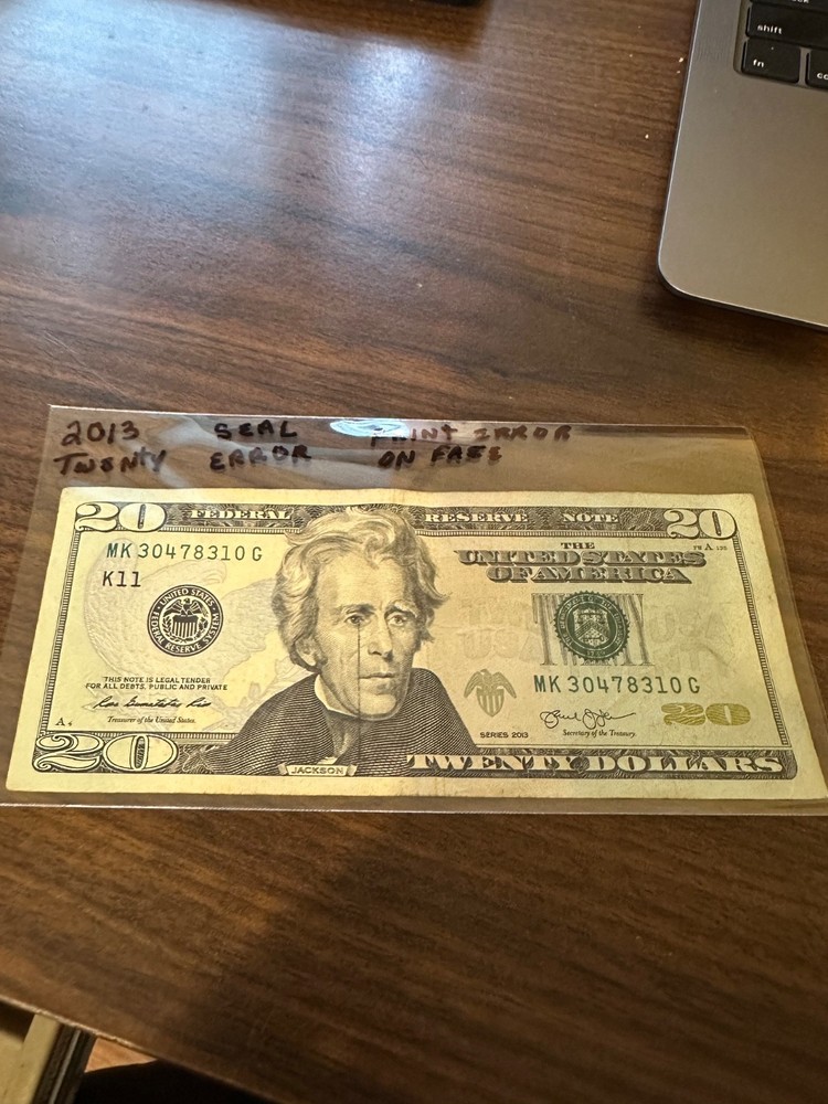 2013 Twenty dollar bill printing error.  Two printing  errors, one on the face .