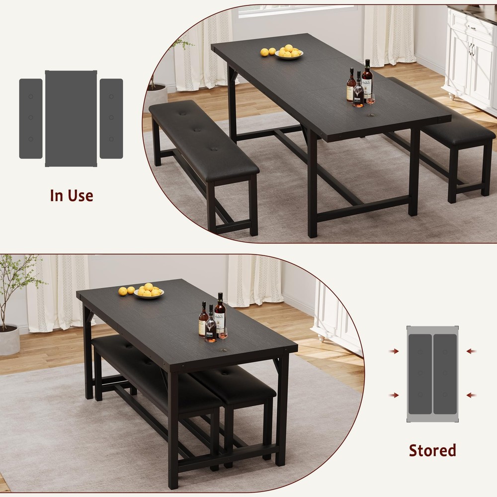 5 Piece Extendable Dining Table Set for 4-6, Kitchen Table & 2 Upholstered Be...